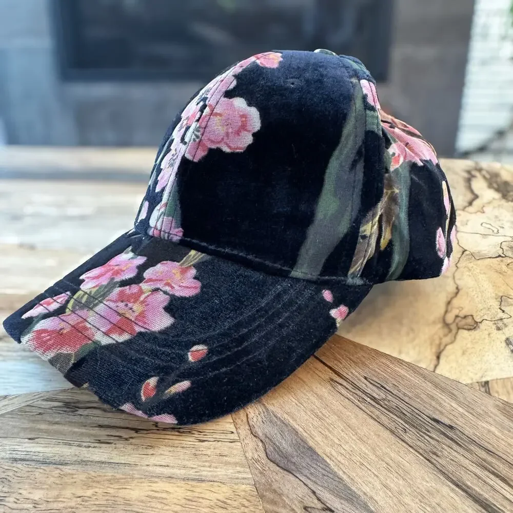 David and Young Black Pink Blossom Floral Velour Baseball Cap - SGCAP11811
